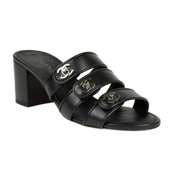 Chanel 19P Black Leather Turnlock CC Logo Mule Strap Slide Block Heel Sandal 36 - Picture 3 of 12